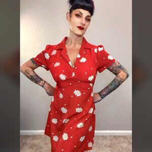 1990s Cotton Candy Red Floral Swing Dress Retro 40s Mini Vintage Casual L
